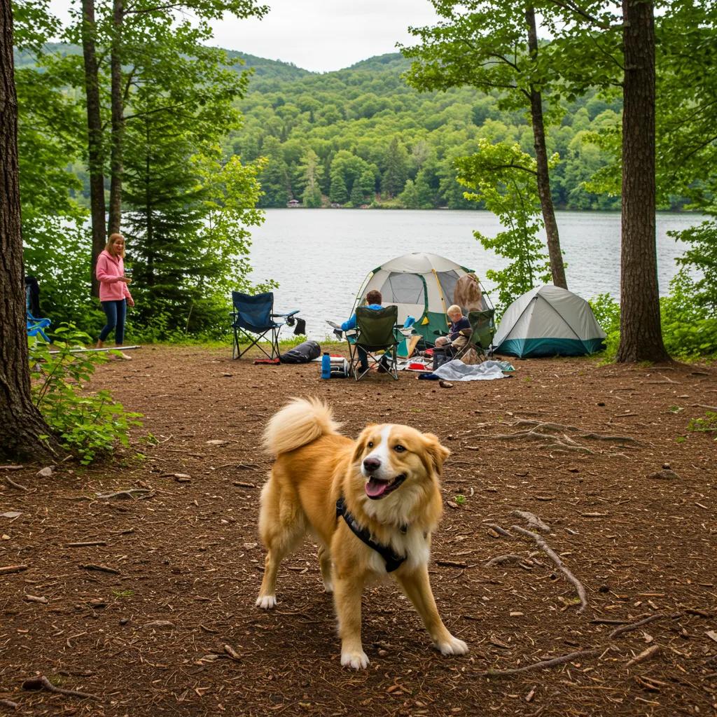 Happy dog playing by a lake in Michigan, representing pet-friendly camping experiences