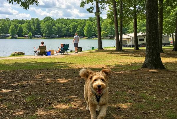 Happy dog playing in a Michigan campground, representing dog-friendly outdoor adventures