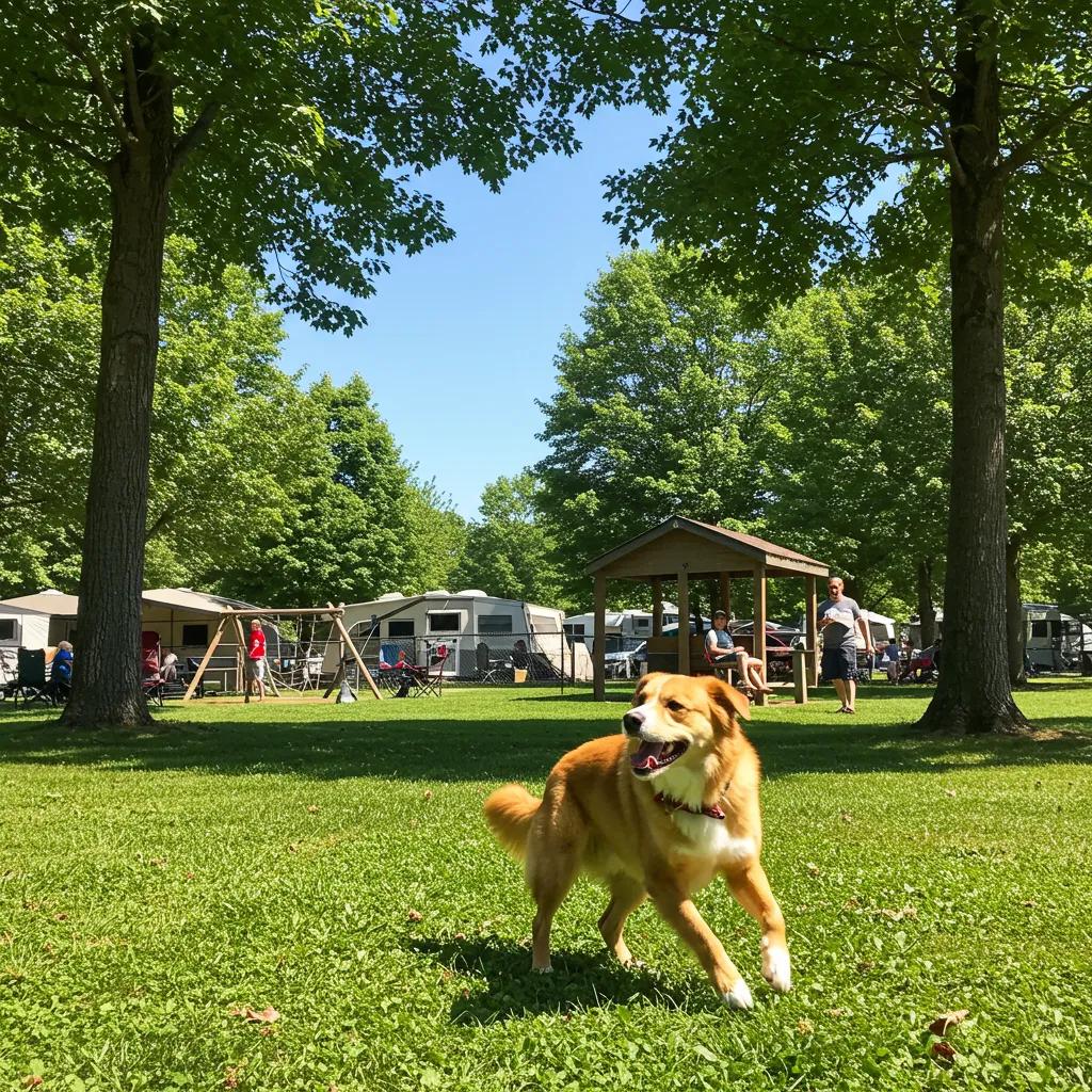 Happy dog playing in a pet-friendly campground in Michigan, emphasizing outdoor fun and family bonding