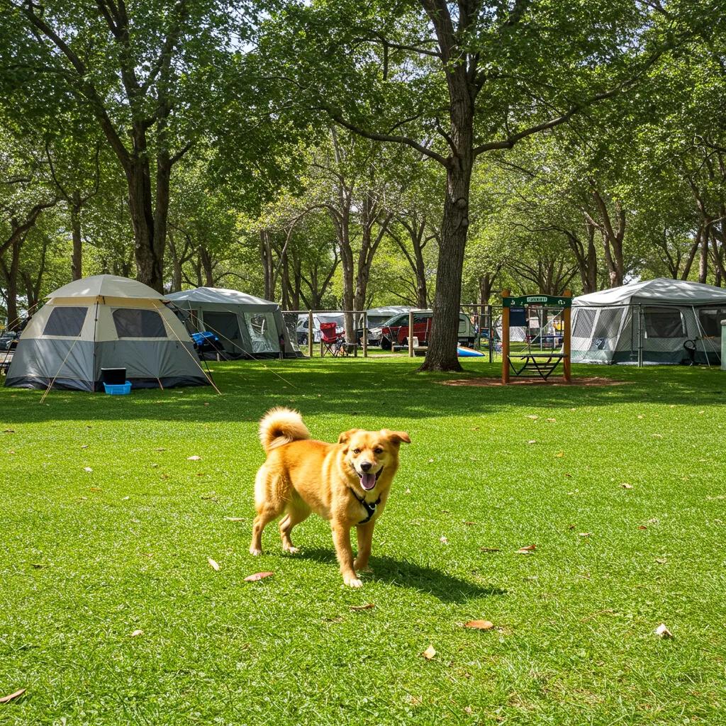Happy dog playing in a pet-friendly campground with a dog park