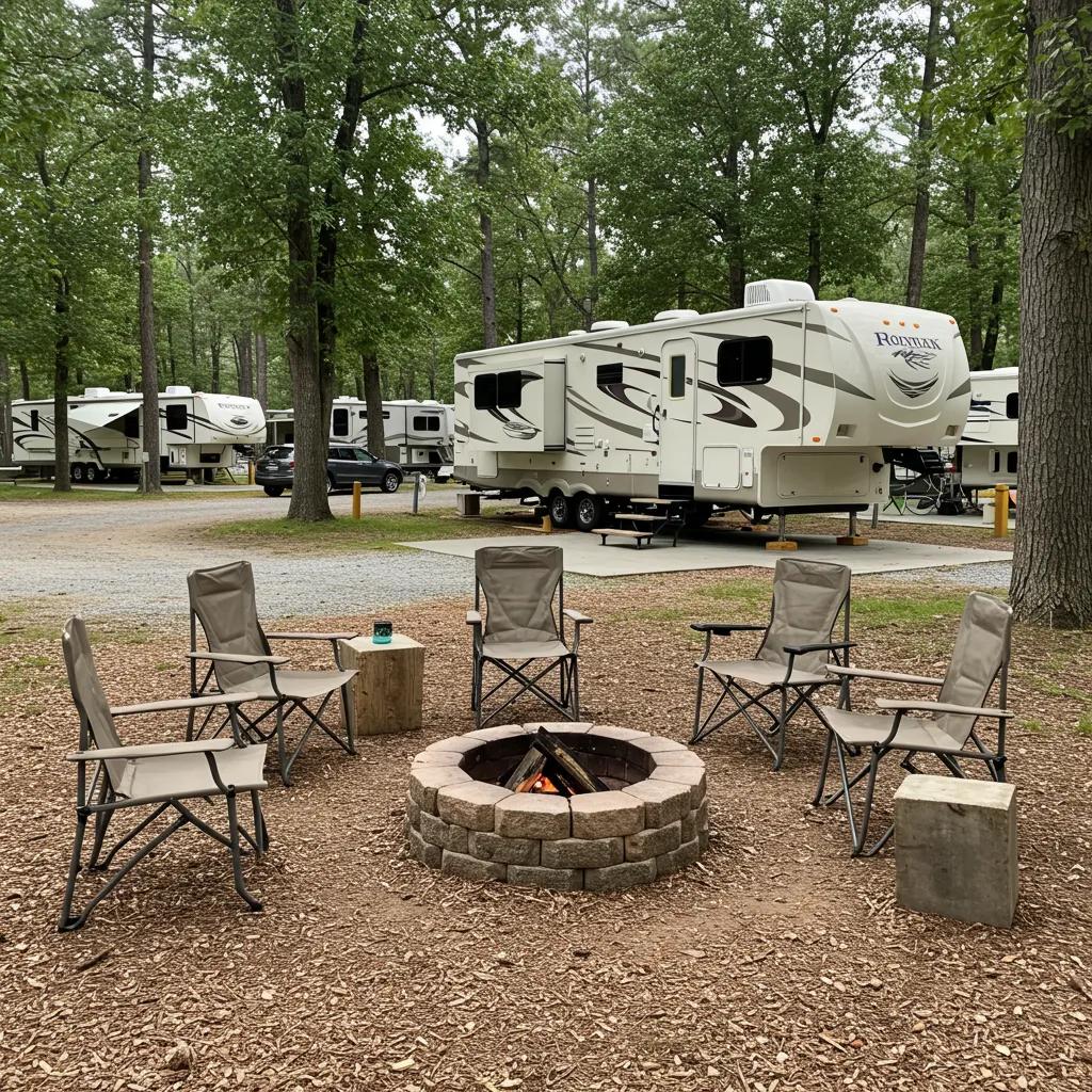 A high-quality image of a cozy RV park campsite with scenic nature views