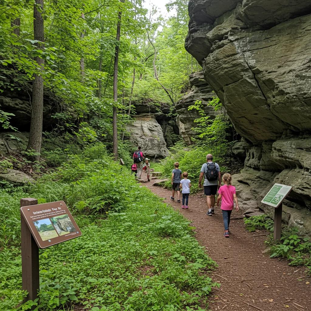 A family exploring a hiking trail in an Ohio State Park, showcasing unique geological formations and lush greenery