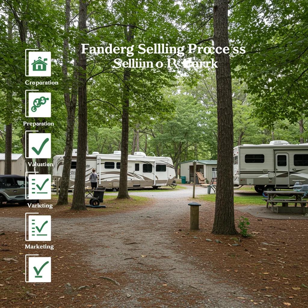 Illustration of the selling process for campgrounds and RV parks with a checklist and serene campground background