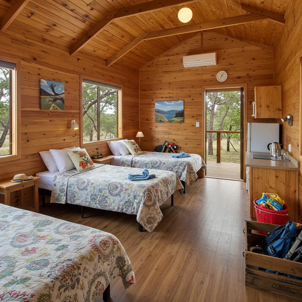 Interior of a cozy glamping cabin in Michigan, showcasing family-friendly amenities and comfort
