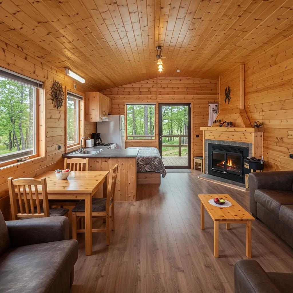 Interior of a deluxe seasonal cabin, featuring spacious living areas and inviting decor for extended stays