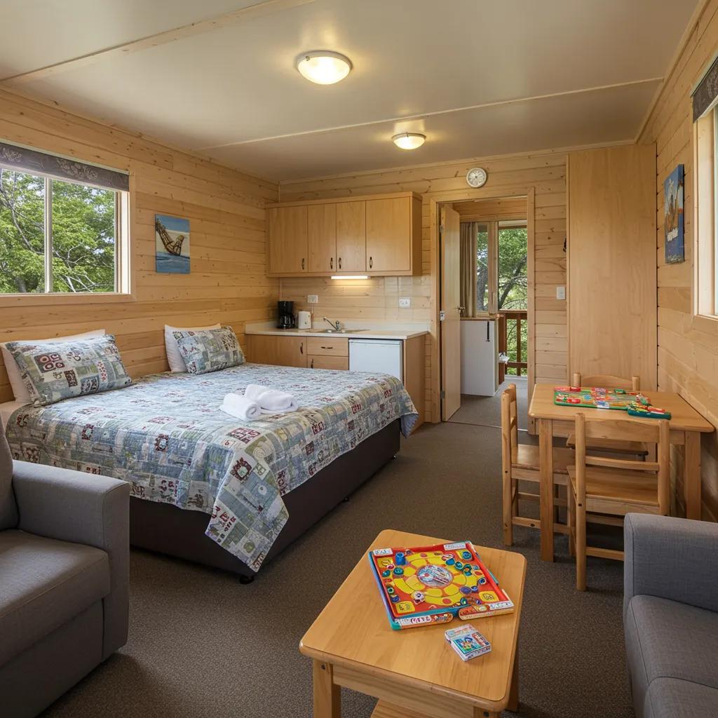 Interior of a family cabin showcasing comfortable beds and family-friendly amenities