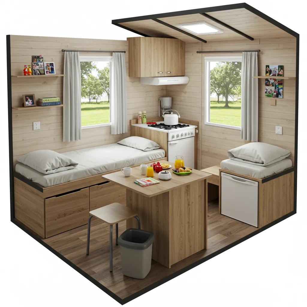 Interior of a family-friendly campground cabin, featuring beds, kitchenette, and storage for a comfortable stay