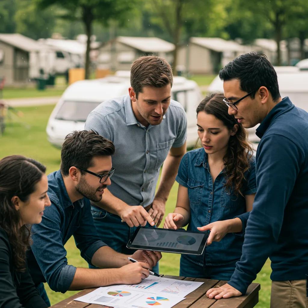 Investors analyzing market trends at a bustling campground