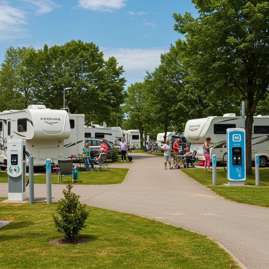Inviting campground scene with families enjoying outdoor activities and modern amenities