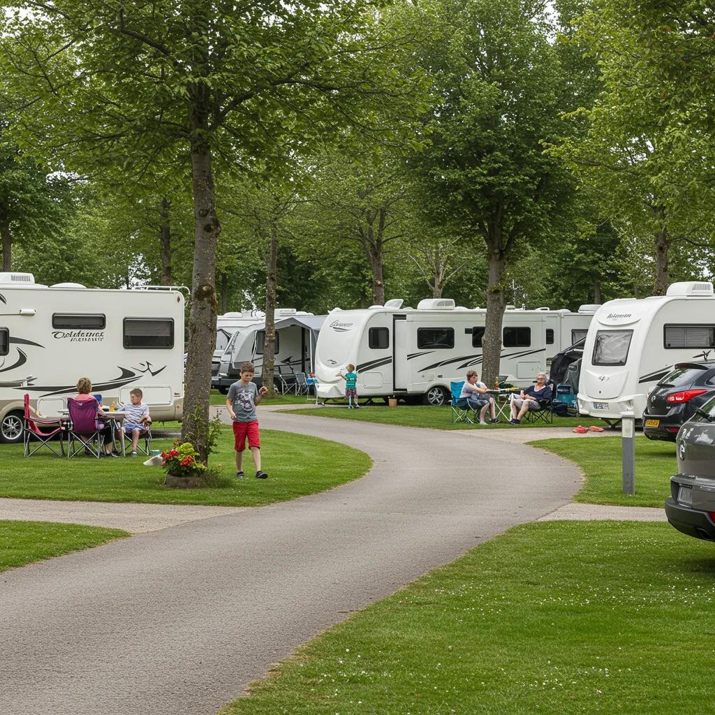 Inviting campground scene with families enjoying outdoor activities in a well-maintained RV park