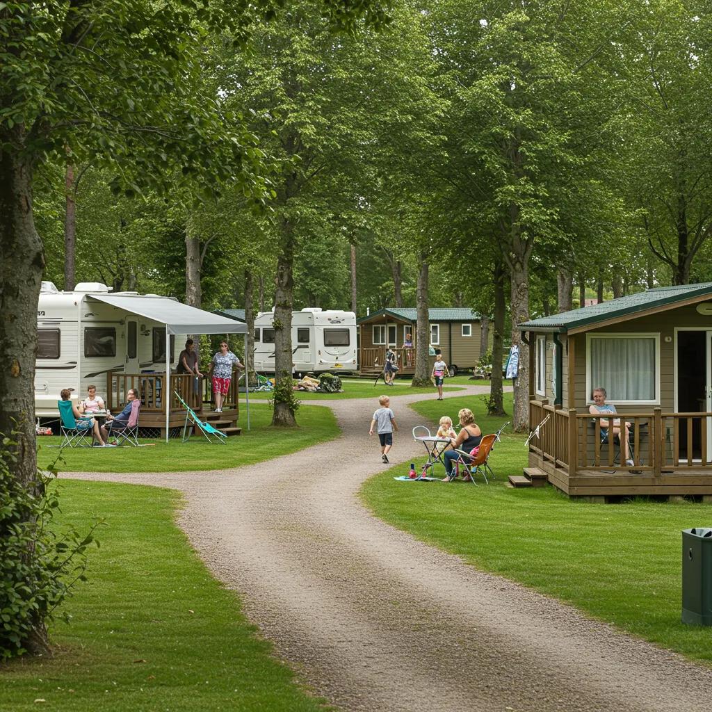 Inviting campground scene with families enjoying outdoor activities in a well-maintained RV park