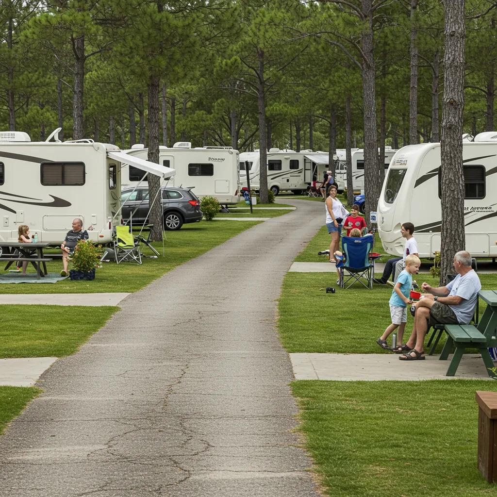 Inviting campground scene with families enjoying outdoor activities in a well-maintained RV park