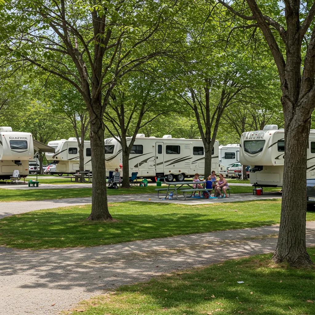 Inviting campground scene with RVs and families enjoying outdoor hospitality