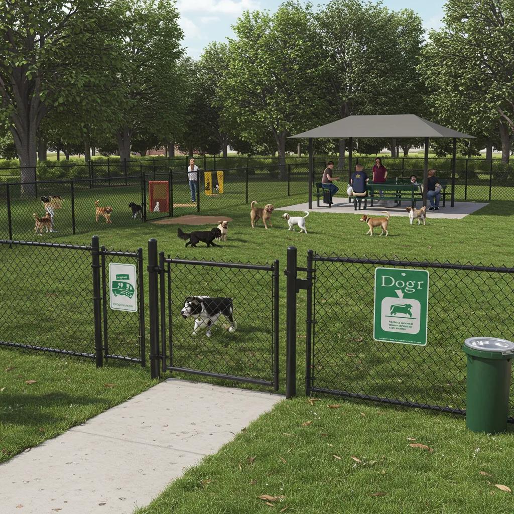 Key features of a dog park at a Michigan campground, including fencing and water access