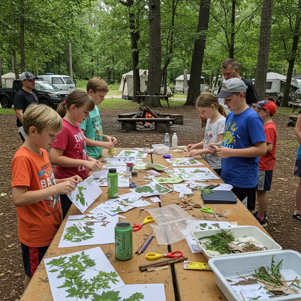 Kids engaged in creative and educational activities at a campground craft workshop