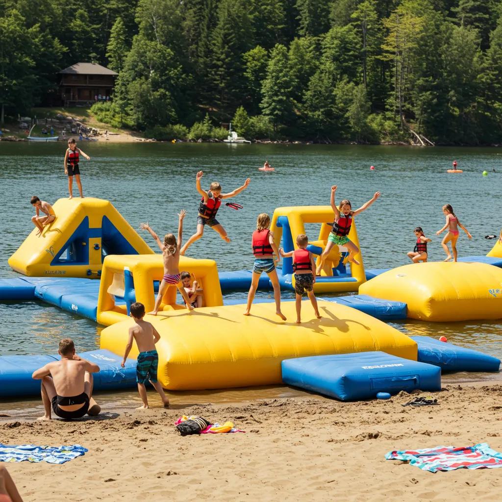 Kids enjoying an inflatable water park at a lake