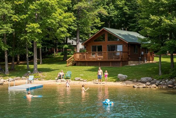 Lakeside cabin camping in Michigan with family enjoying outdoor activities