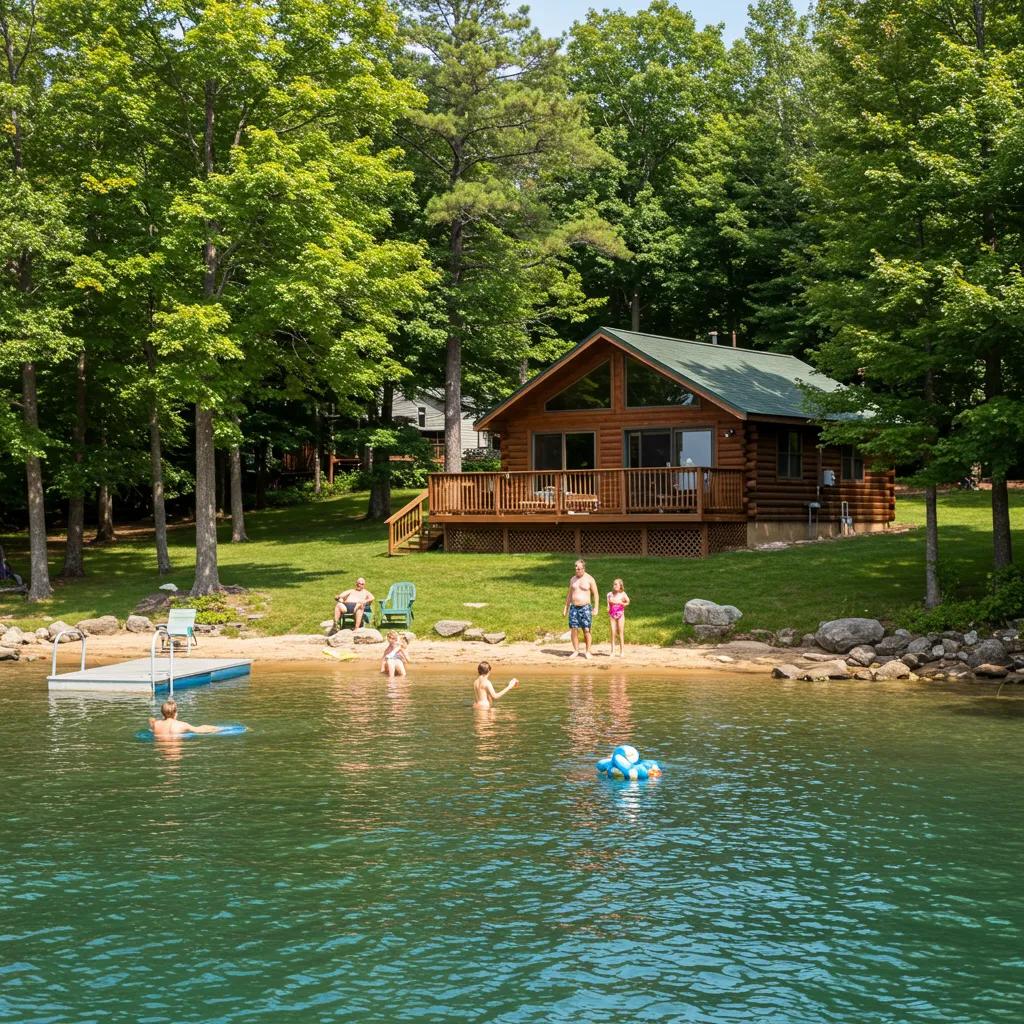 Lakeside cabin camping in Michigan with family enjoying outdoor activities