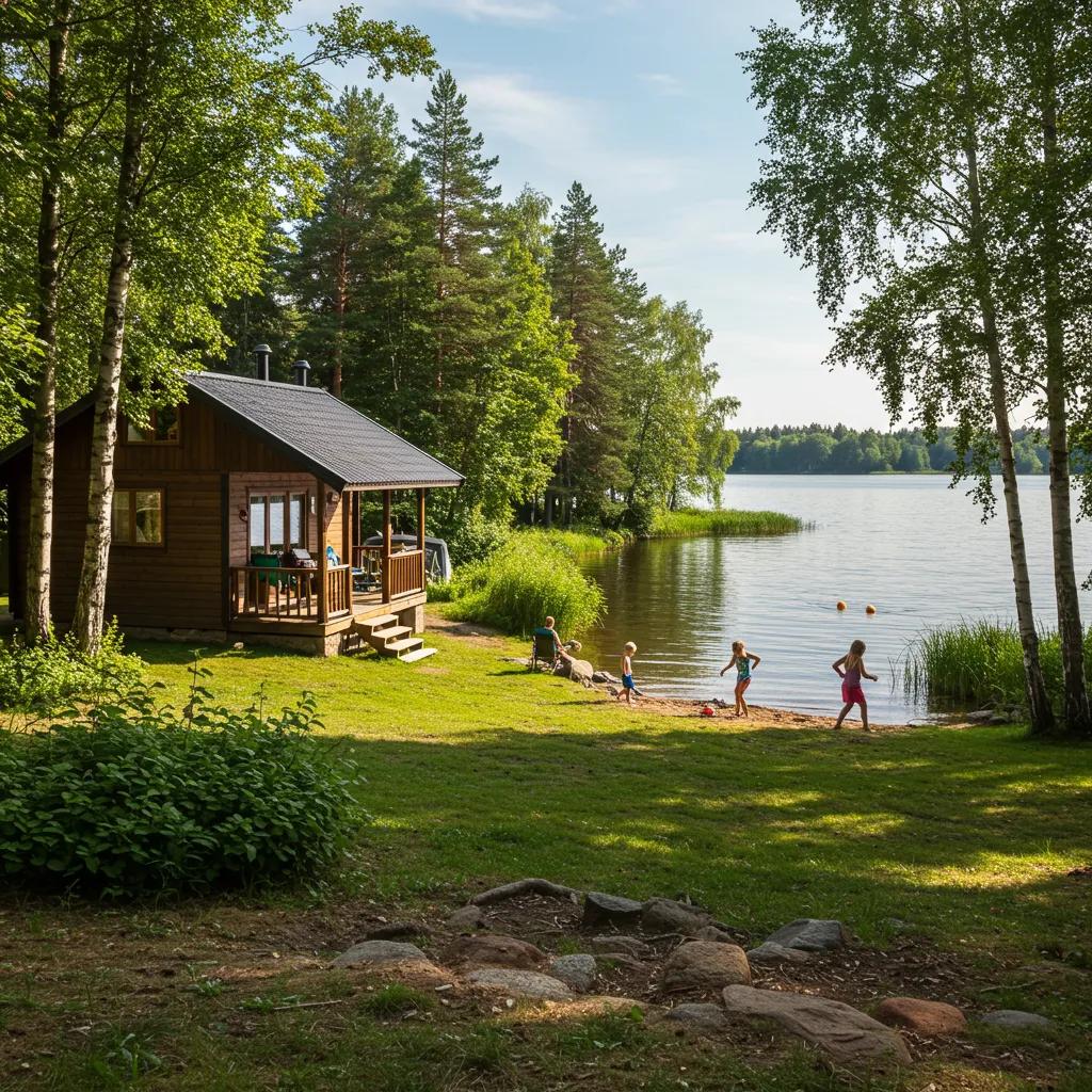 Lakeside cabin rental in Michigan with family enjoying outdoor activities