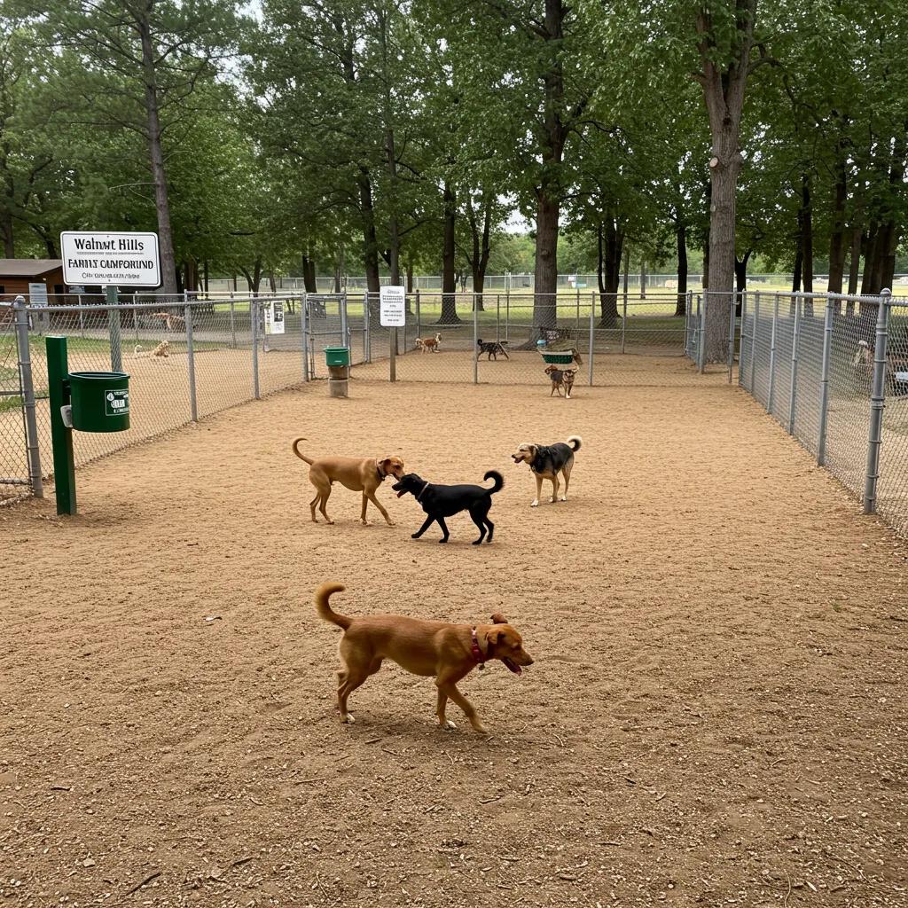 Large dog park at Walnut Hills Family Campground with dogs playing