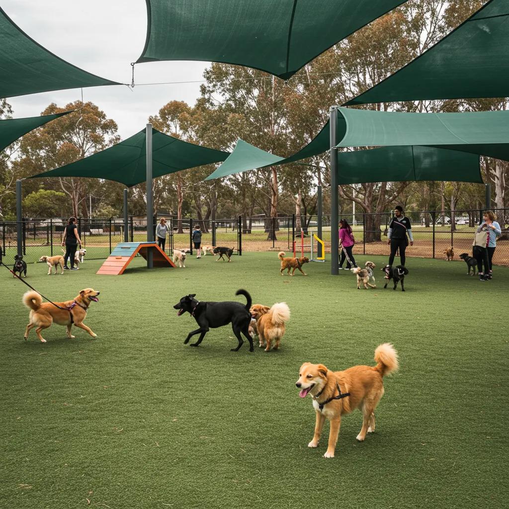 Large dog park with dogs playing off-leash, emphasizing pet-friendly amenities and socialization opportunities