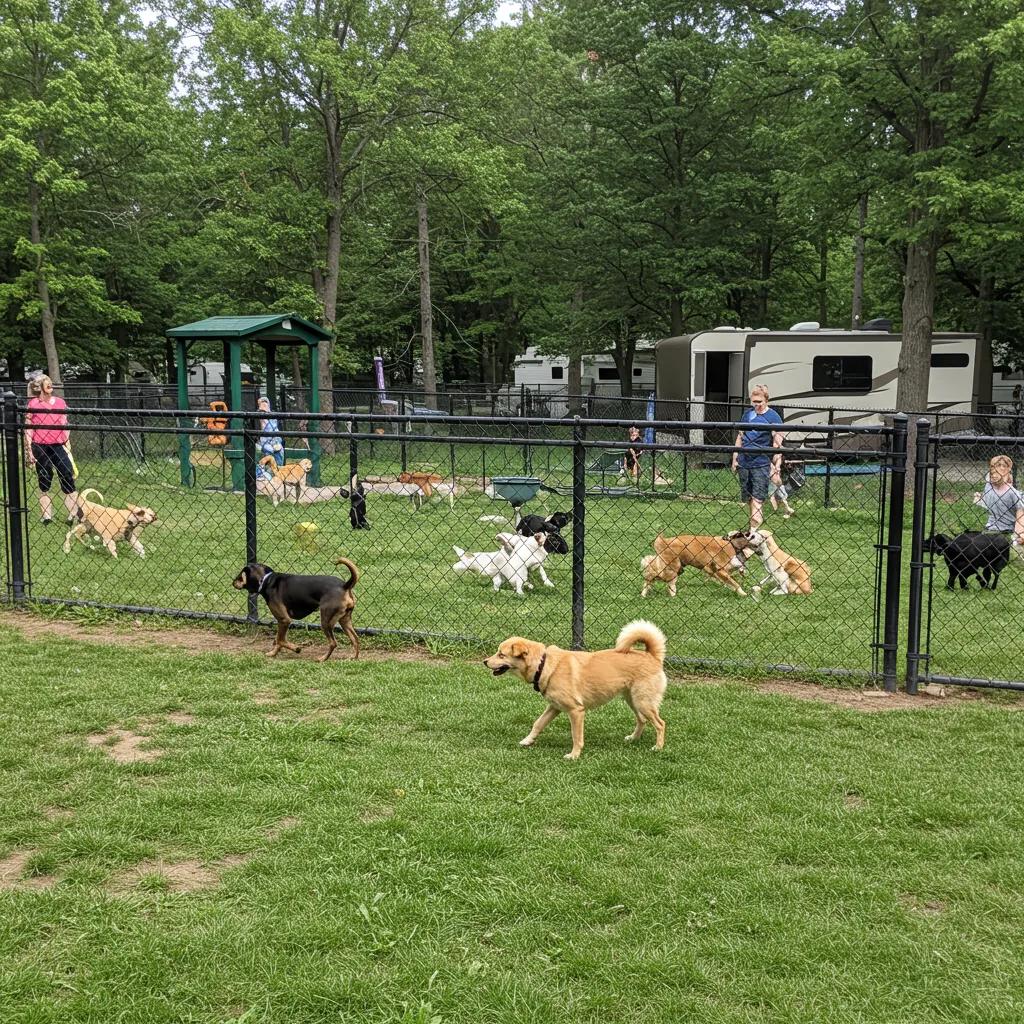 Spacious fenced dog park at a Michigan campground with dogs playing happily