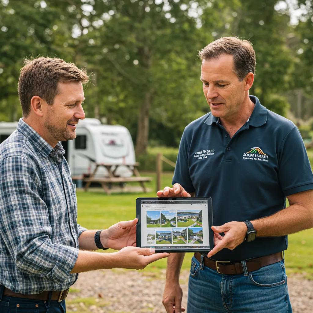 Local real estate agent consulting with campground owner, showcasing community-focused selling