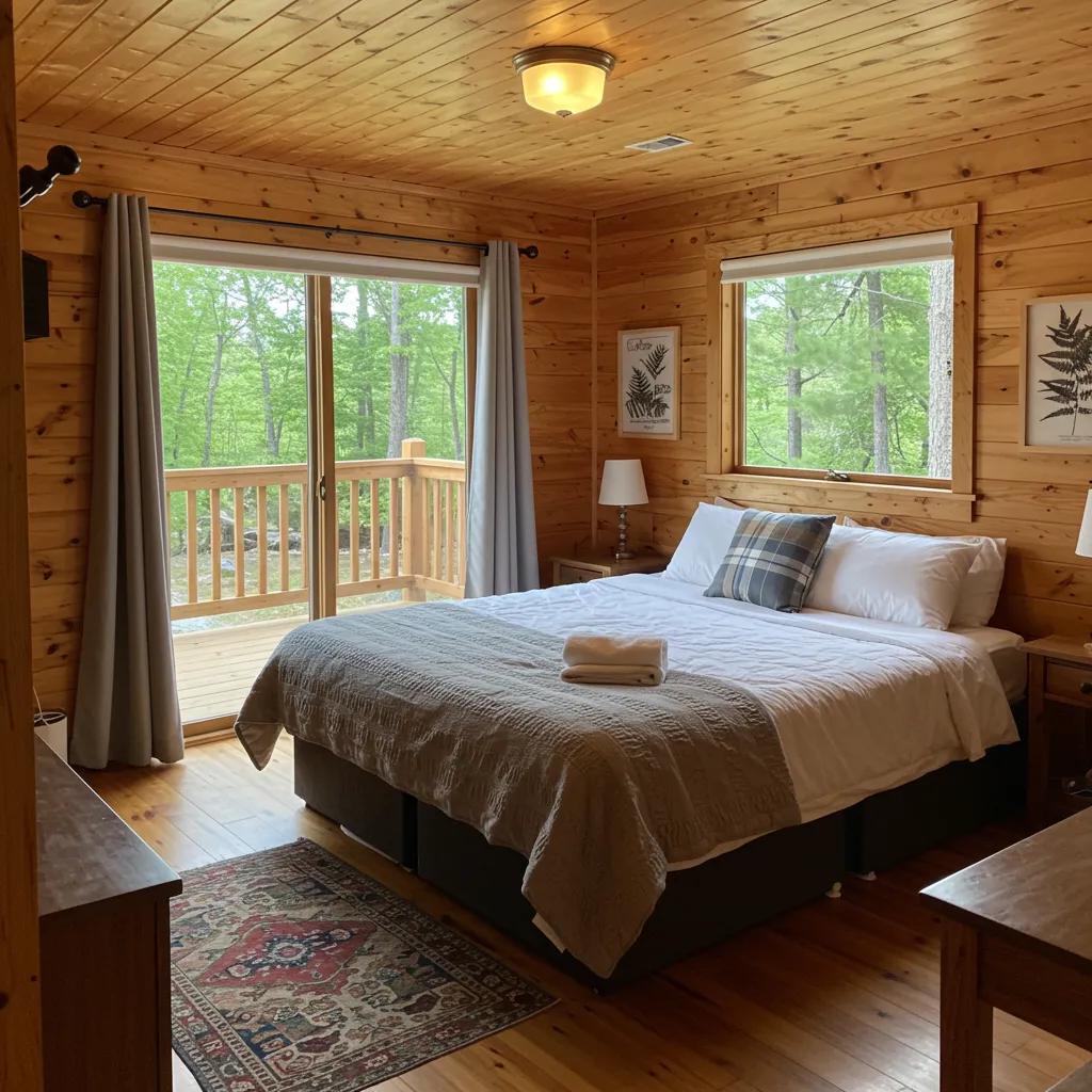 Luxurious glamping cabin interior in Michigan, highlighting comfort and style