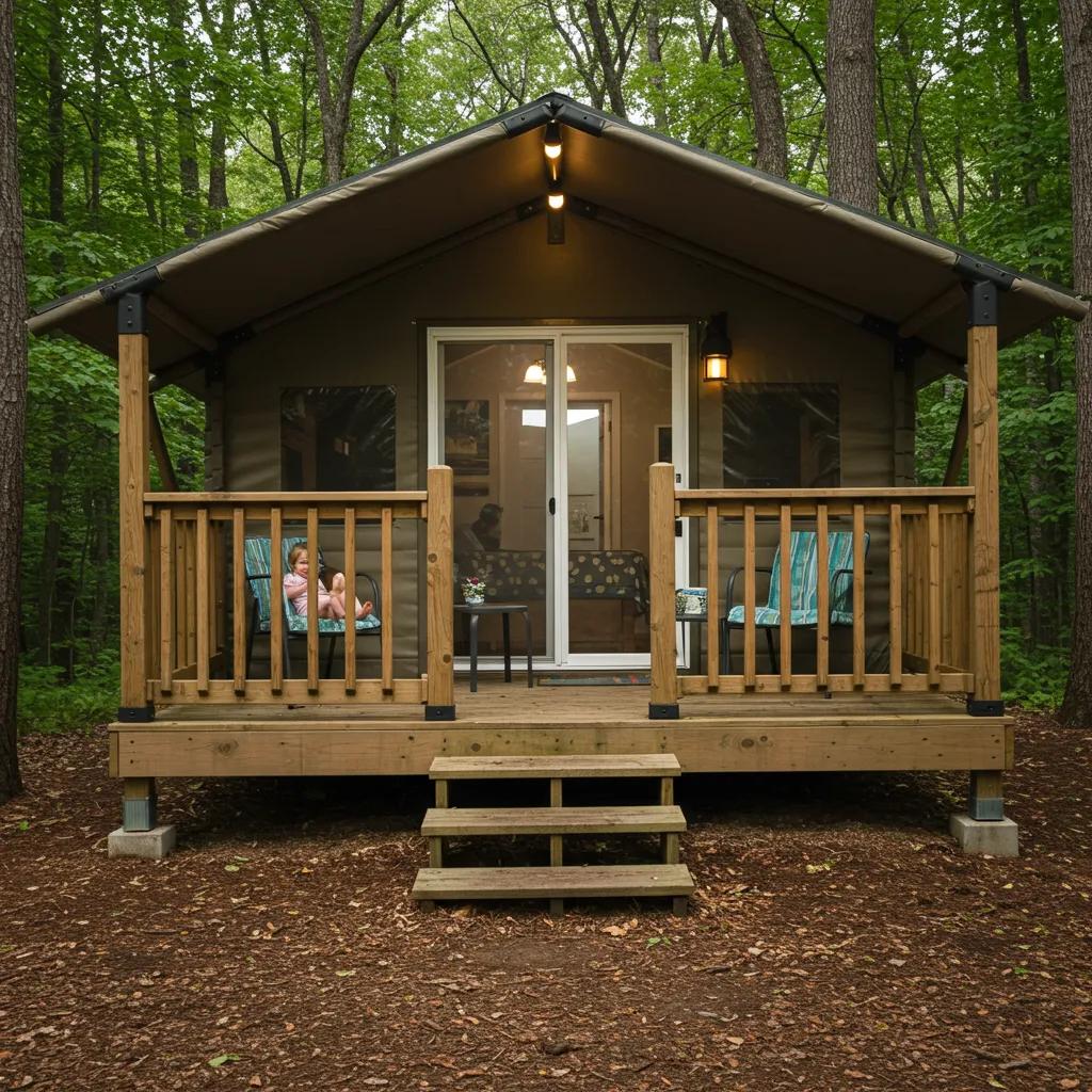 Luxury camping cabin in Michigan surrounded by nature, emphasizing relaxation and upscale amenities