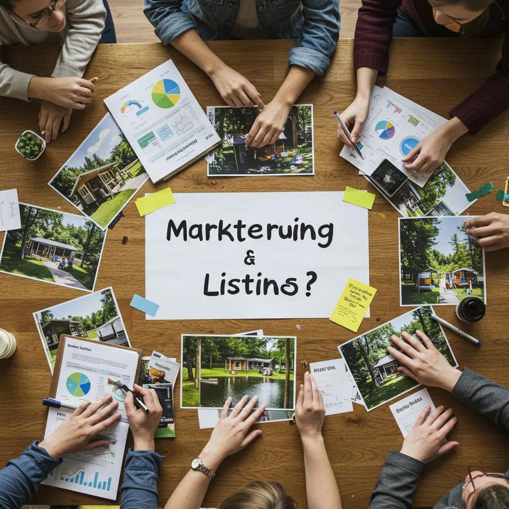 Marketing team brainstorming ideas for campground listing with visuals