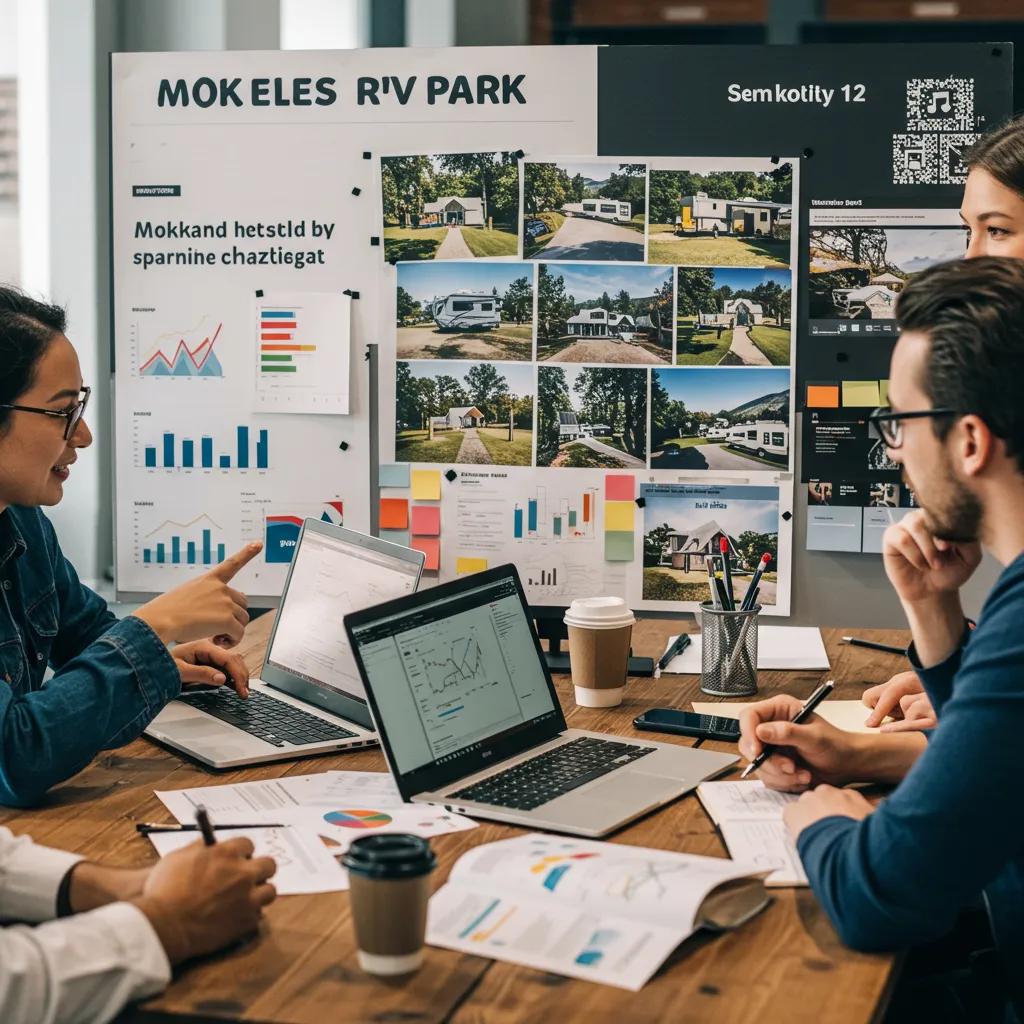 Marketing team collaborating on strategies to sell an RV park with visual materials