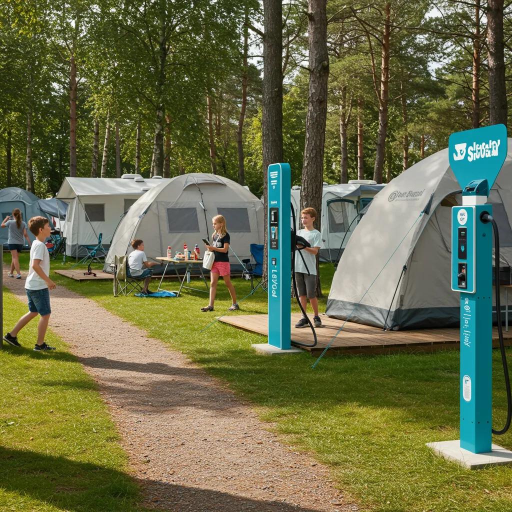 Modern campground amenities including glamping tents and EV charging stations, reflecting current market trends in outdoor hospitality