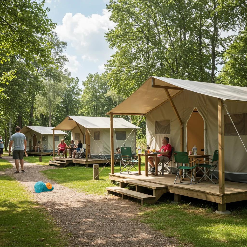 Modern campground featuring glamping tents and eco-friendly amenities with happy guests