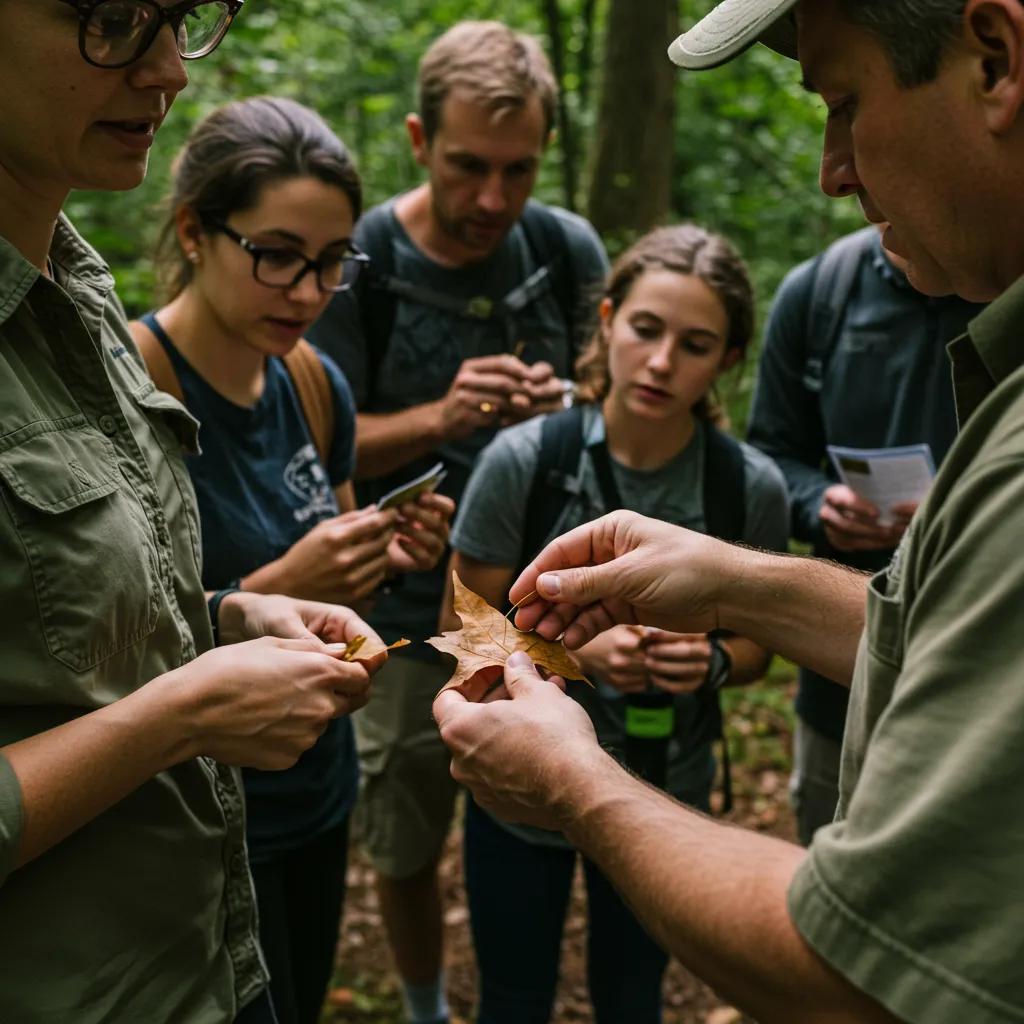 Naturalist leading a guided nature walk, teaching participants about local plants and wildlife