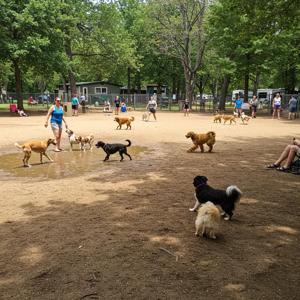 Off-leash dog park at Walnut Hills Family Campground with dogs playing
