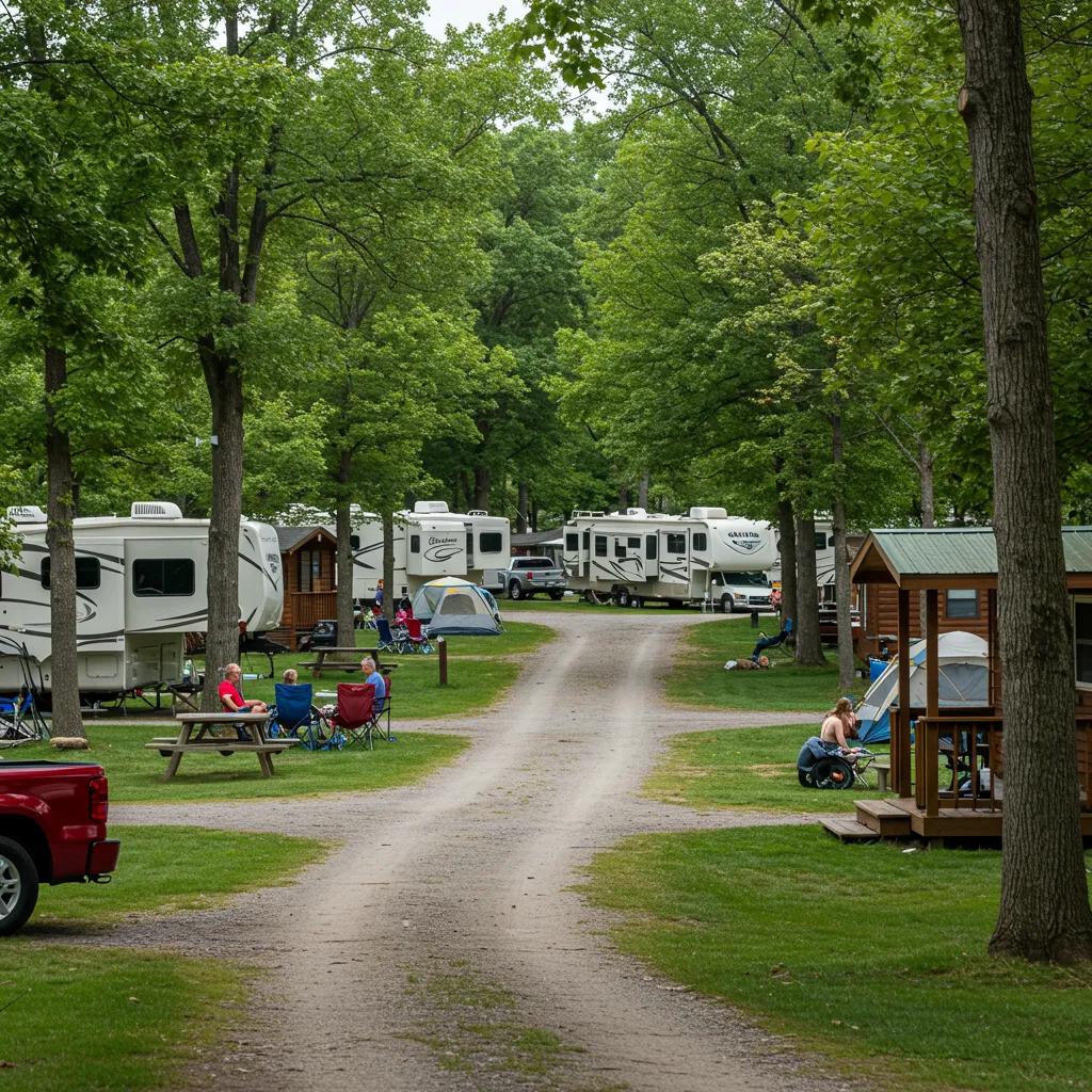 Ohio state park campground with RVs, tents, and cabins surrounded by nature