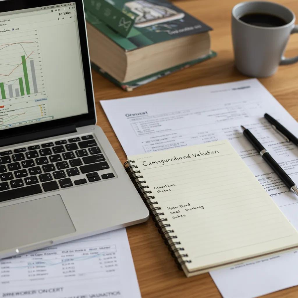 Organized desk with financial documents and laptop showcasing campground valuation preparation