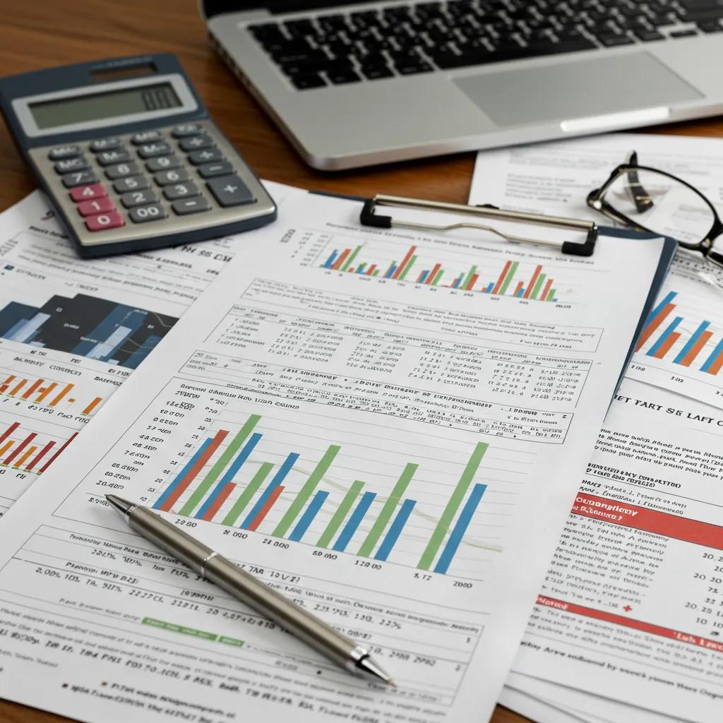 Neatly organized financial documents and tools for campground owners preparing to sell, emphasizing a professional approach
