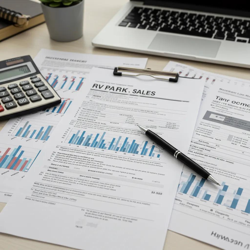 Neatly organized financial documents for an RV park sale laid out on a clean desk