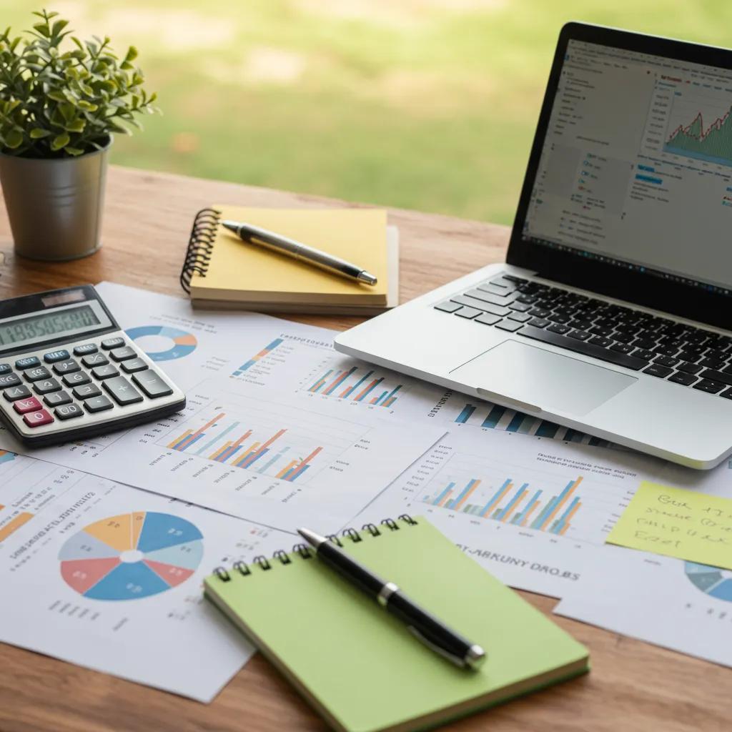 Organized financial workspace with documents and tools for campground valuation