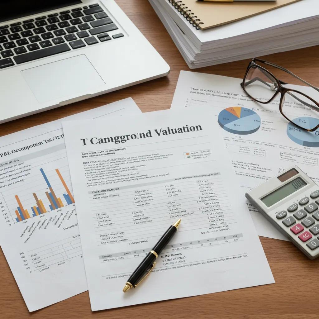 Organized workspace with financial documents for campground valuation preparation