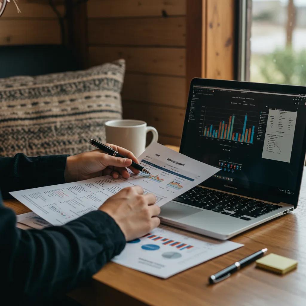 Person analyzing campground financial documents in a cozy office setting