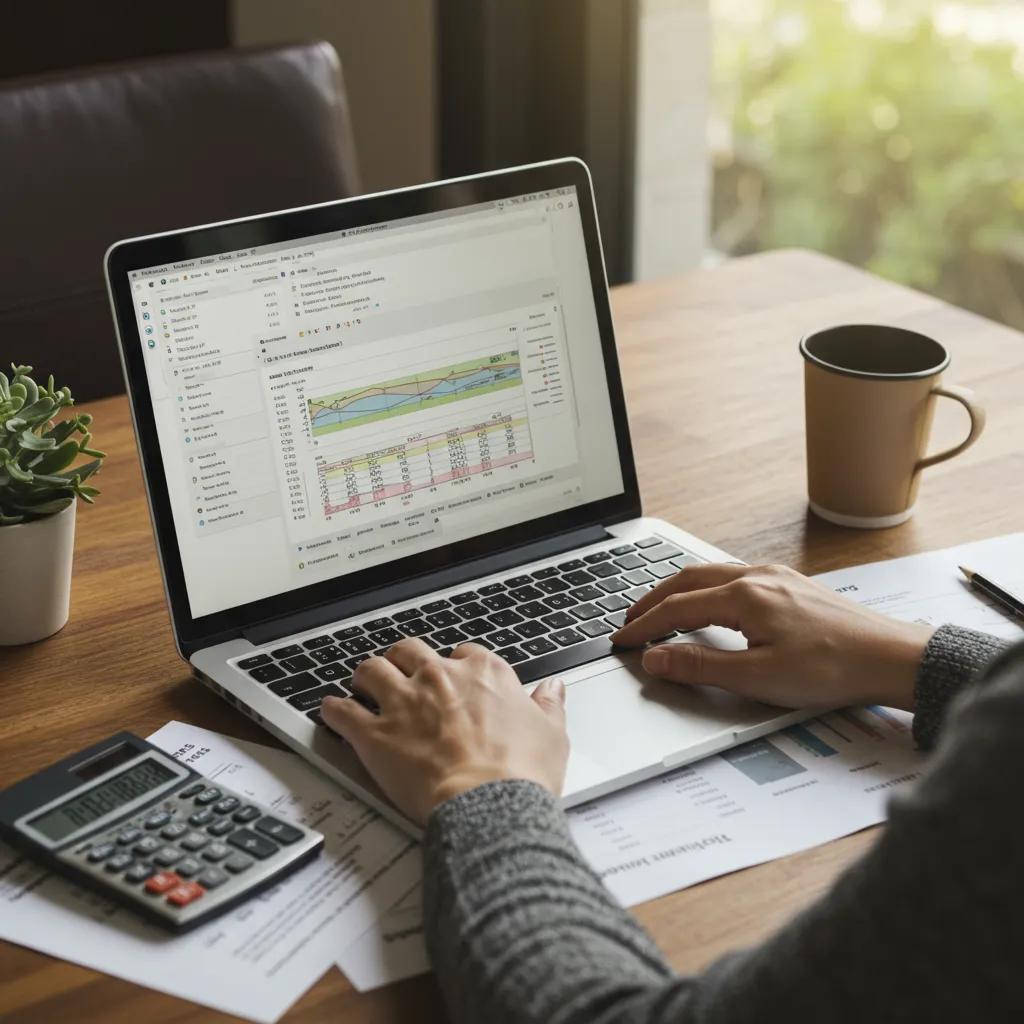 Person analyzing campground listings with financial documents and a laptop