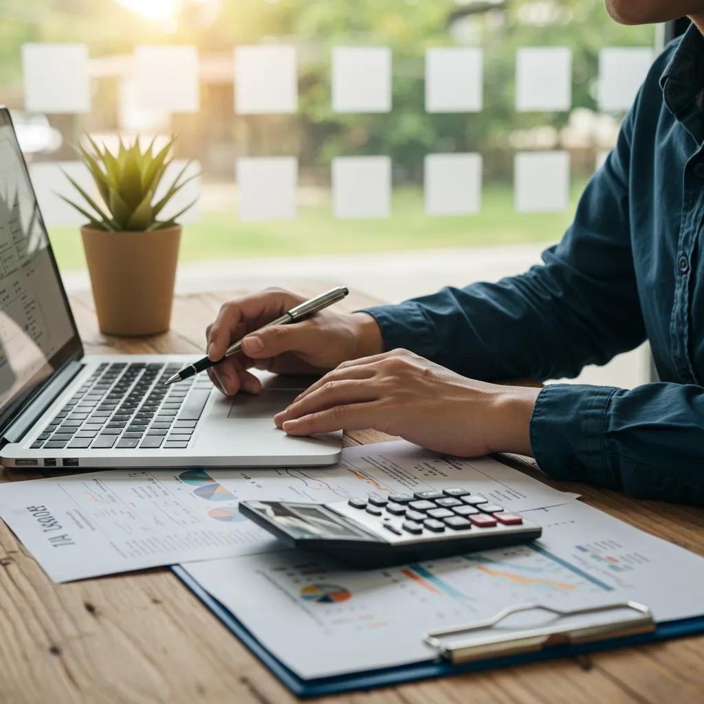 Person analyzing campground valuation metrics in a cozy office, emphasizing financial planning and analysis
