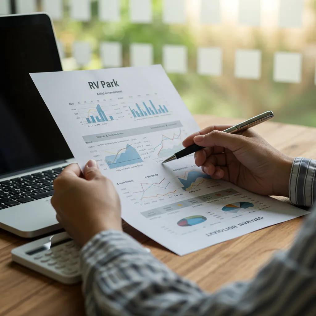 Person analyzing financial documents for RV park investments, highlighting key financial factors for buyers