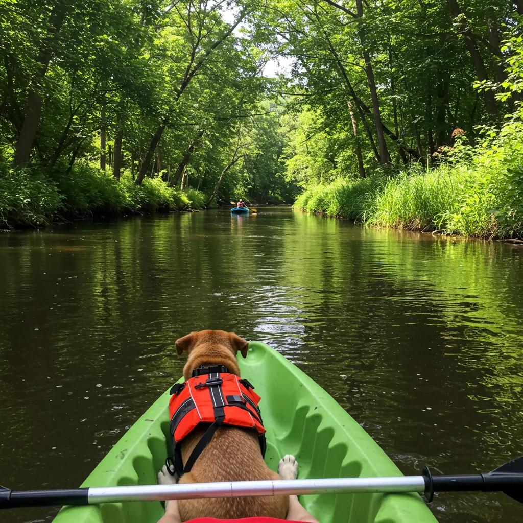 Person kayaking with a dog in a life jacket on the Shiawassee River, highlighting outdoor adventure