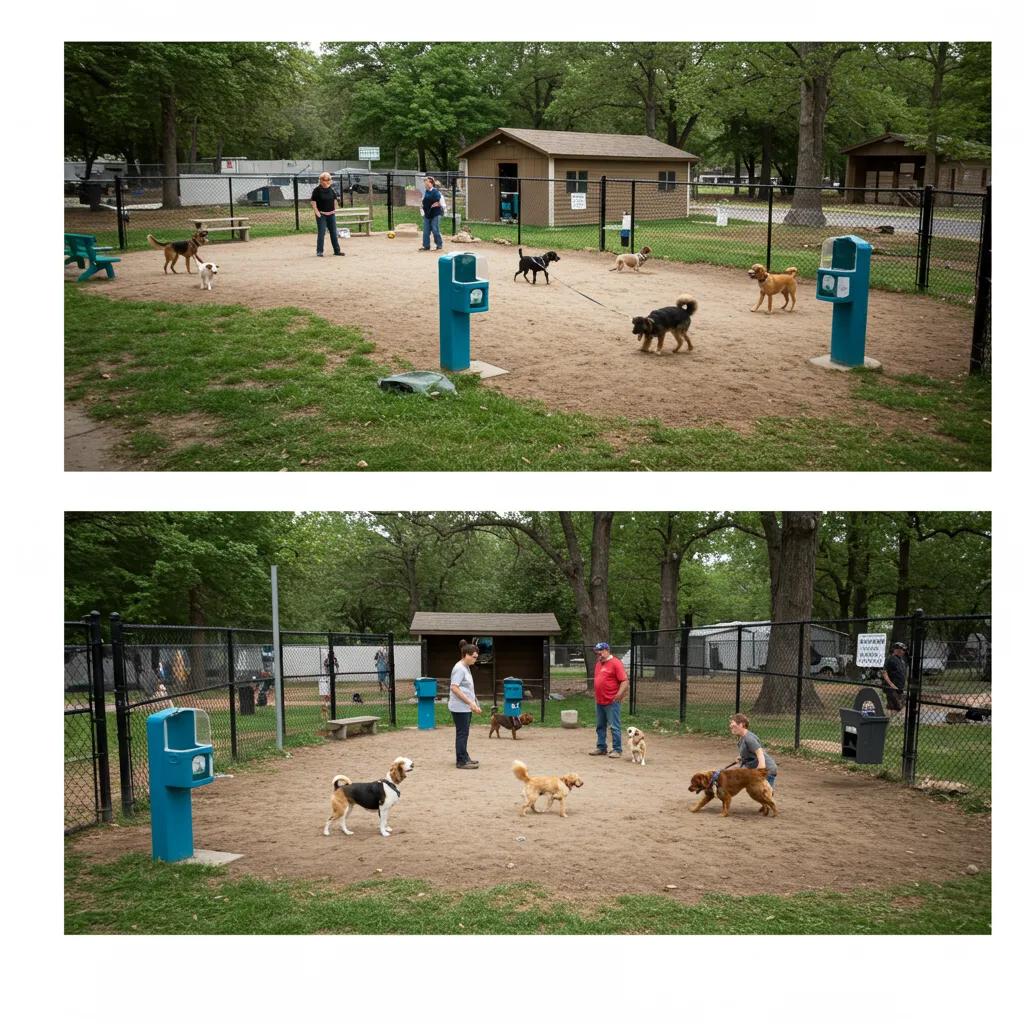 Pet amenities at Walnut Hills Family Campground including a dog park and water stations