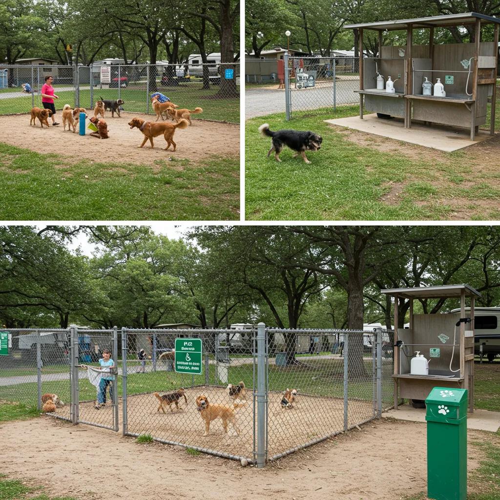 Pet-friendly amenities at a Michigan campground, including a dedicated dog park and a convenient pet wash station