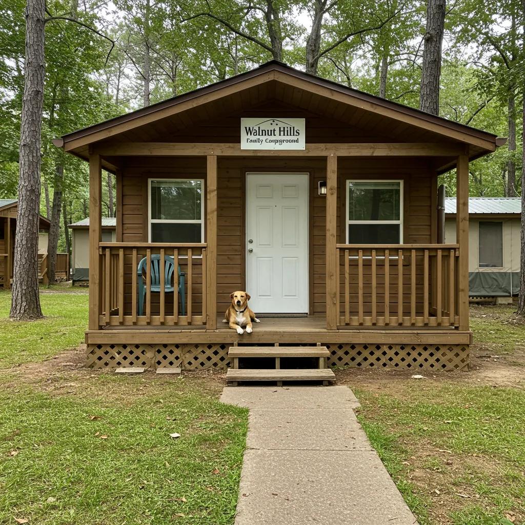 Pet-friendly cabin at Walnut Hills Family Campground surrounded by nature