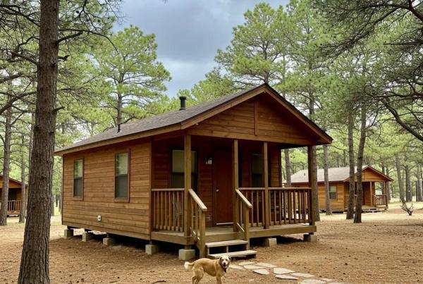 Pet-friendly cabin in a forest with a dog playing outside, ideal for camping trips